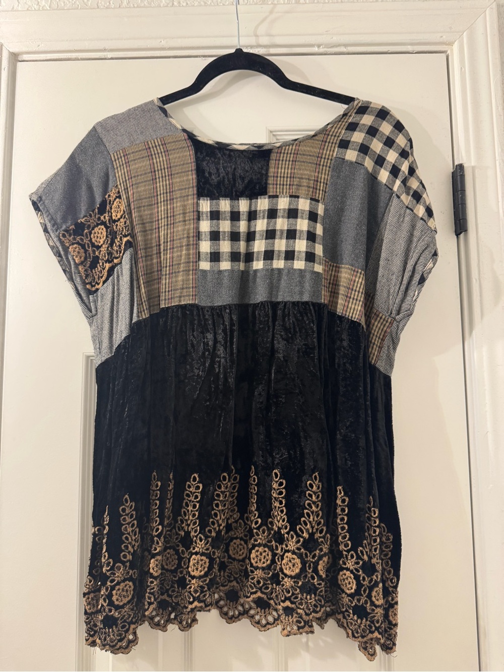 Boho Patchwork Black Velvet Top with Gold Embroidery- Ivy Jane
